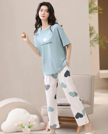 0000 Sky Blue Love You Forever Printed Half Sleeves T-shirt With Heart Printed Pajama Suit
