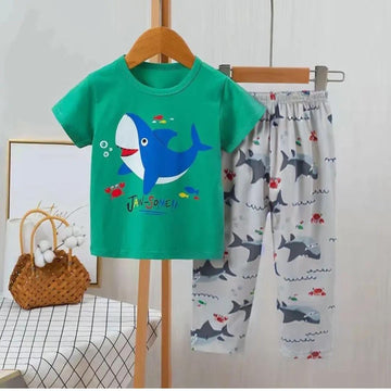 Baby Or Baba Green Shark Print Half Sleeves T-shirt With Printed Pajama Suit for Kids (1 Pcs)