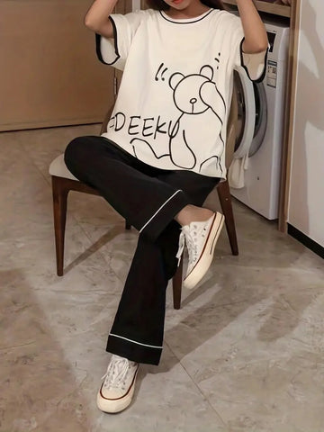 0000 Offwhite TIDEEKU Printed Half Sleeves T-shirt With Black Plain Pajama Suit