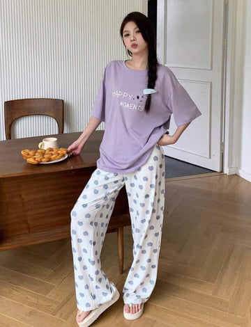 0001 Lilac Happy Moments Printed Half Sleeves T-shirt With heart Printed Pajama Suit