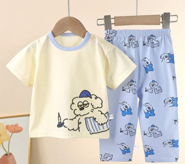 Baba Offwhite Sleep Puppy Printed Half Sleeves T-shirt with Blue Printed Pajama Kids Suits (1 Pcs)