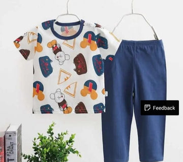 Baba Offwhite Multi Bear Printed Half Sleeves T-shirt with Blue Plain Pajama Kids Suits (1 Pcs)