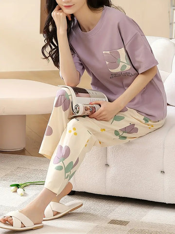 0001 Lilac Floral Pocket Printed Half Sleeves T-shirt With Floral Printed Pajama Suit