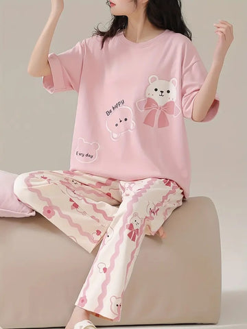 0000 Baby Pink Bear Printed Half Sleeves T-shirt With Printed Pajama Suit
