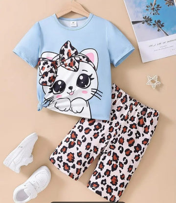 0000 Sky Cute Kitty Full Sleeves T-shirt with Cheetah Printed Pajama Kids Suits (1 Pcs)