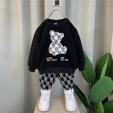 001 Black Bear Print Sweatshirt With Black Printed Trouser For Kids