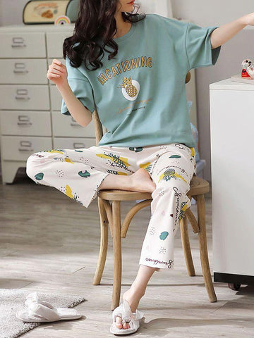 0000 Sea Green Vacationing Printed Half Sleeves T-shirt With Printed Pajama Suit