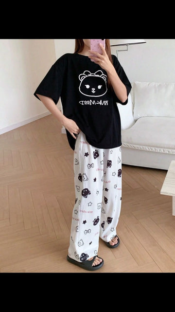 0000 Black Pink Mode Printed Half Sleeves T-shirt With White Printed Pajama Suit