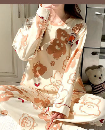0000 Offwhite All Over Bear Printed Full Sleeves T-shirt With Bear Printed Pajama Suit