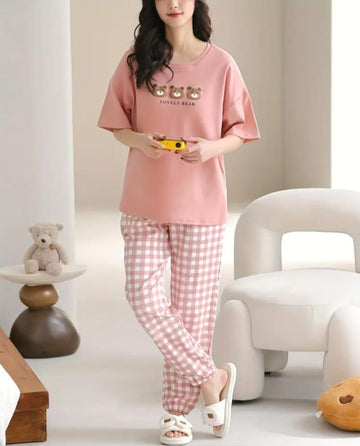 0000 Baby Pink Lovely 3 Bear Printed Half Sleeves T-shirt With Check Pajama Suit