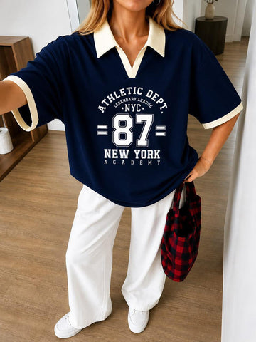 0000                   Navy NYC 87 Collar Oversized T-shirt With White Baggy Trouser Set For Her