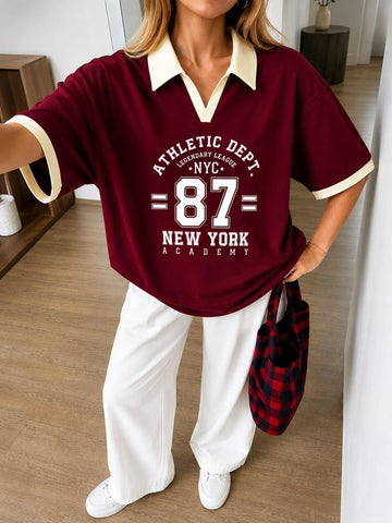0000                   Mahroon NYC 87 Collar Oversized T-shirt With White Baggy Trouser Set For Her
