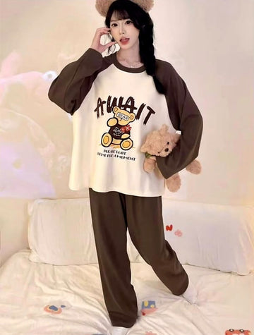 0000                      Brown & Cream Teddy Bear Printed Full Sleeves T-shirt Pajama Suit