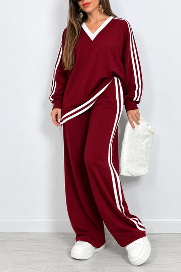 Mahroon V-Neck Double White Strip Fleece Tracksuit For Her.