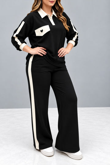 Black & White Strip Heart Printed  Collar Tracksuit For Her