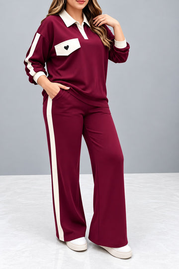 Mahroon & White Strip Heart Printed  Collar Tracksuit For Her