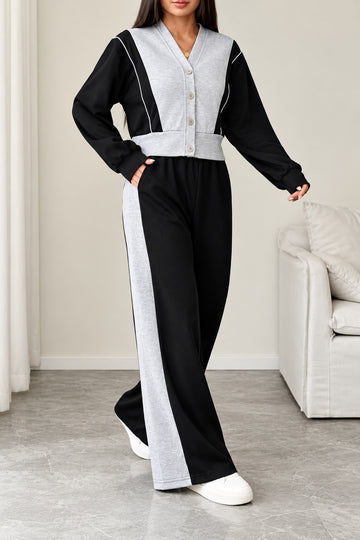 Black GreyV-Neck Button Style Fleece Tracksuit For Her