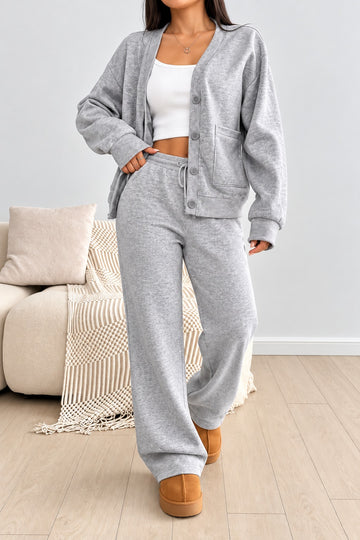 Light Grey V-Neck Button Style Pocket Tracksuit For Her