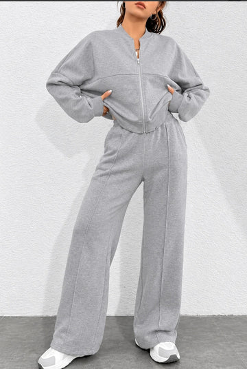 Light Grey Zipper With Wide Leg fleece trouser For Her