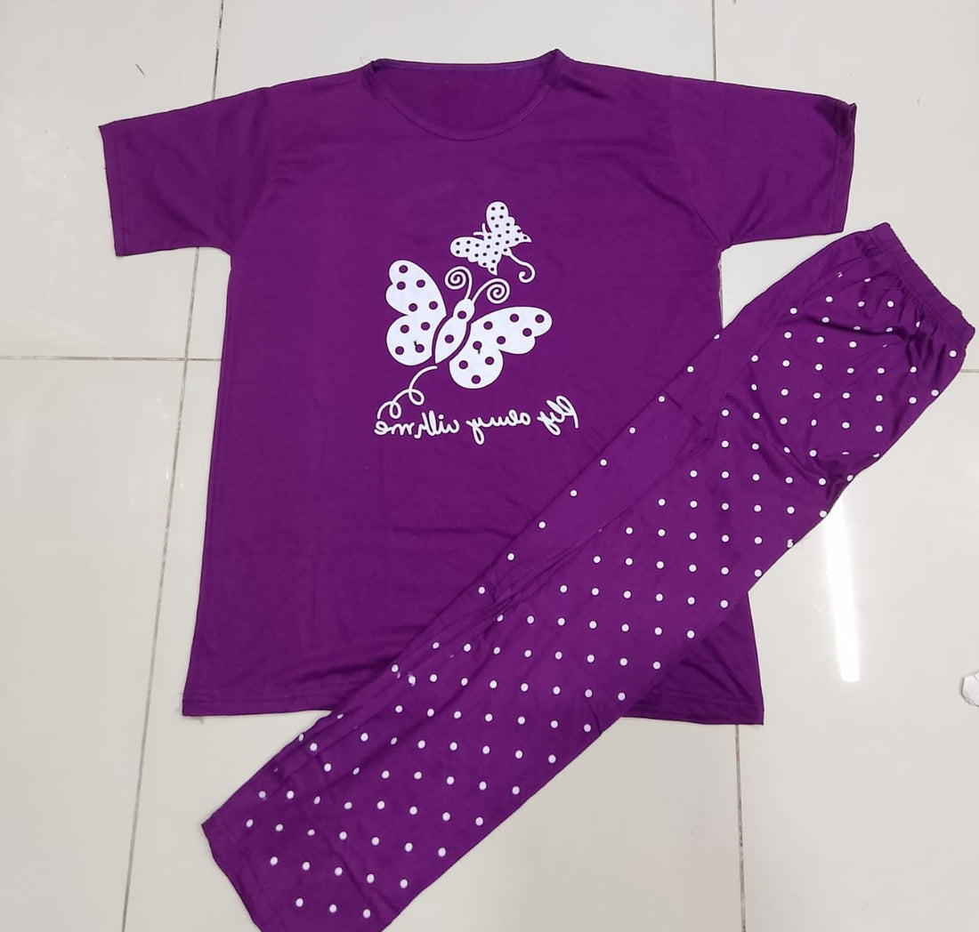 035 Purple Butterfly Printed T-Shirt With Polka Dots Trouser