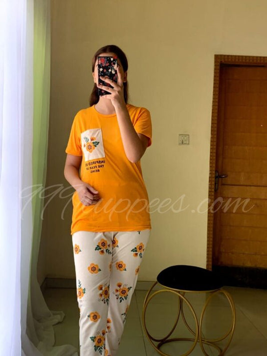 010 Yellow Front Floral Pocket T-Shirt With Floral Printed Trouser