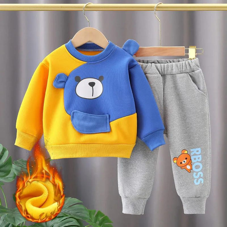 001 Yellow Blue Contrast Bear Print Sweatshirt With Grey Trouser For Kids