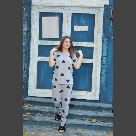 Grey and Black Hearts Print Half Sleeves Night Suit for her