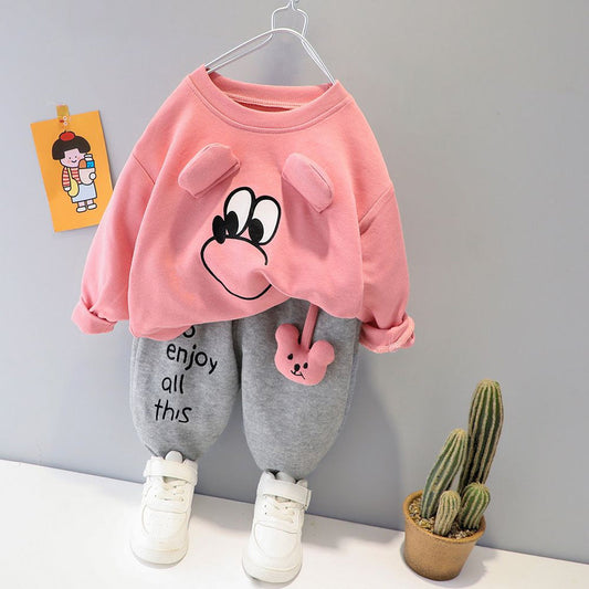 001 Pink Cute Eye Print Sweatshirt With Grey Trouser For Kids