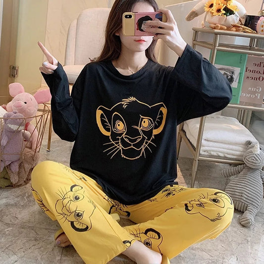 022 Black and Yellow SIMBA print T SHirt with Printed Pajama Full Sleeves Night Suit for her