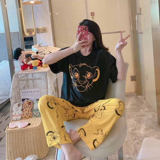 022 Black and Yellow SIMBA print T SHirt with Printed Pajama Half Sleeves Night Suit for her