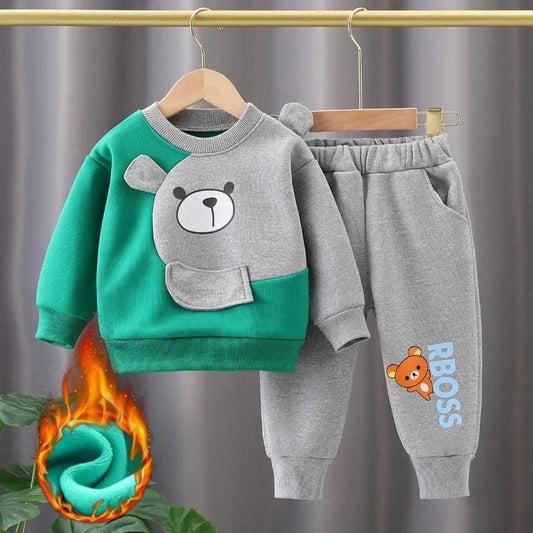 001 Green Grey Contrast Bear Print Sweatshirt With Grey Trouser For Kids