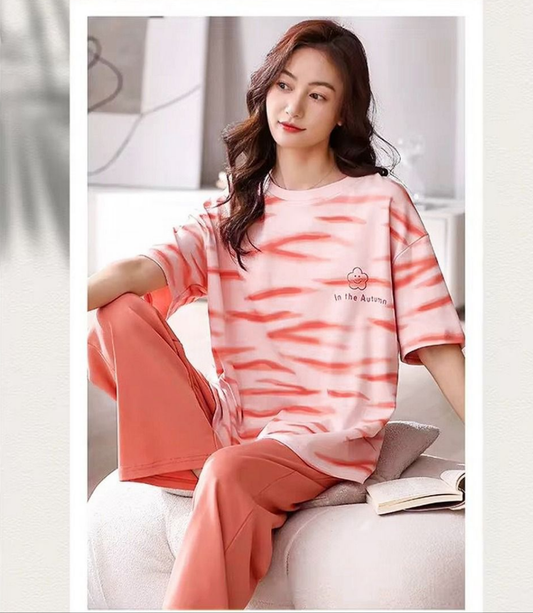 Pink Waves Printed Half Sleeves T-shirt With Plain Pajama Suit