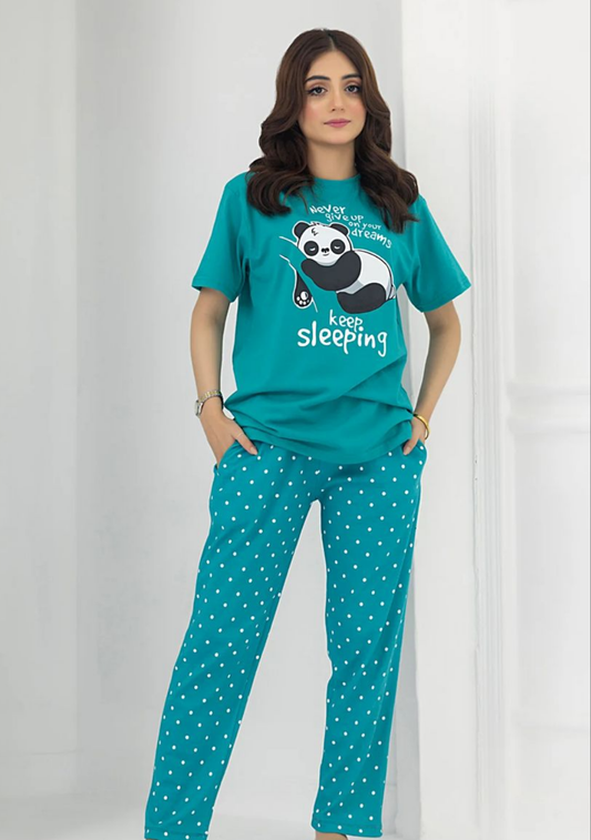 Blue Panda Printed Half Sleeves T-shirt With Polka Dot Pajama Suit