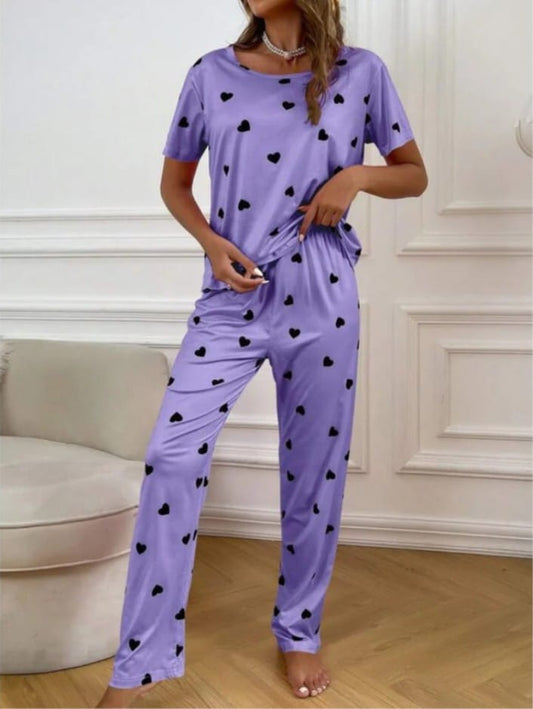 018 Purple with Black Hearts NEW pajama Printed Night wear