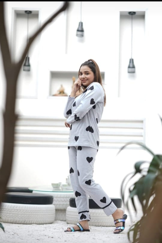 012 Grey and Black Hearts Print Full Sleeves Night Suit for her
