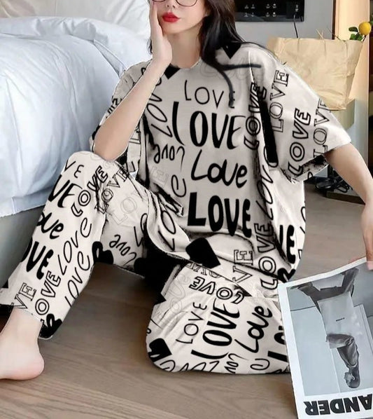 005 Skin Full Love Printed Half Sleeves T-shirt With Printed Pajama Suit