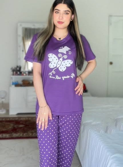 035 Purple Butterfly Printed T-Shirt With Polka Dots Trouser