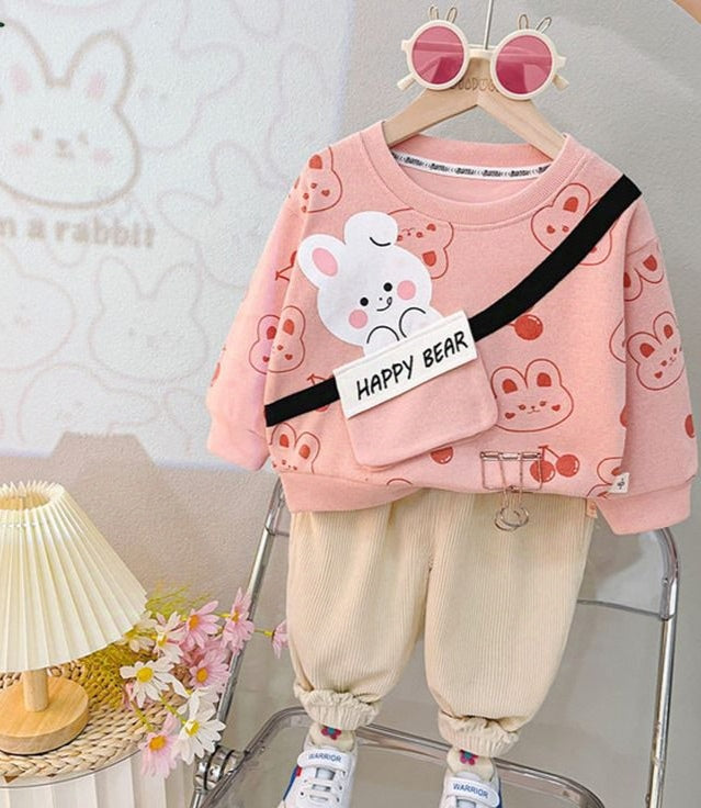 001 Pink Happy Bear Print Sweatshirt With Off-White Trouser For Kids