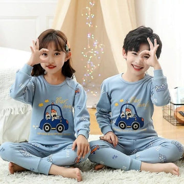 Baby or Baba Sky Blue Car Printed with Printed Pajama Kids Suits (1 Pcs)