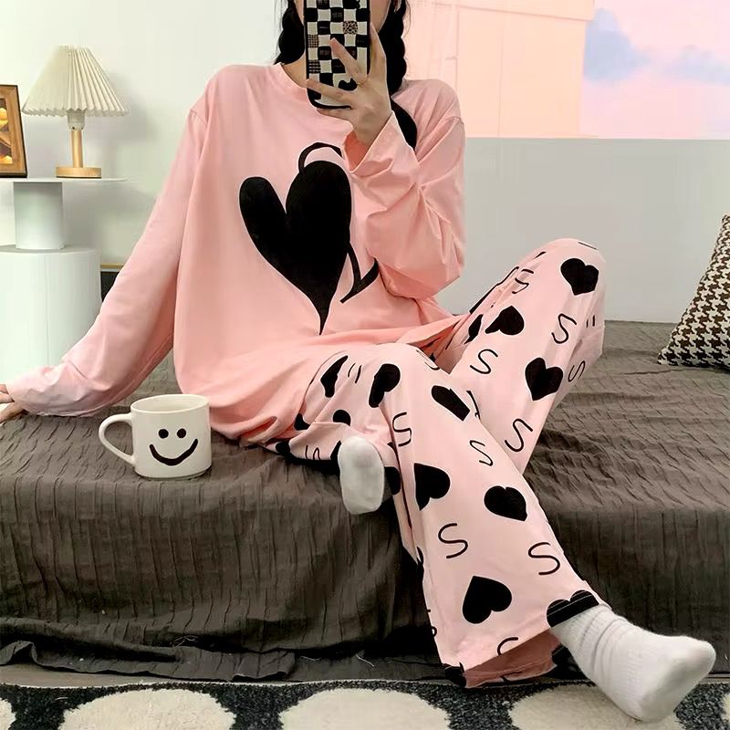 0001 Baby Pink Double Heart Printed Full Sleeves T-shirt With Heart Printed Pajama Suit