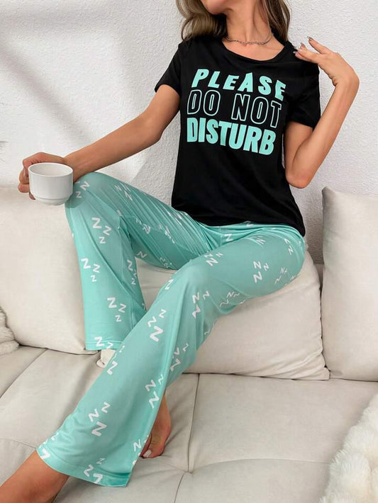 012 Black with sea green do not disturb Printed Night wear