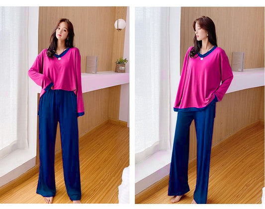 Shocking Pink V-Neck With Blue Plazo Night Suit For Women