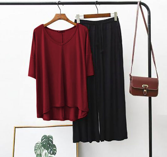 025 Maroon V-Neck With Black Plazo Night Suit For Her