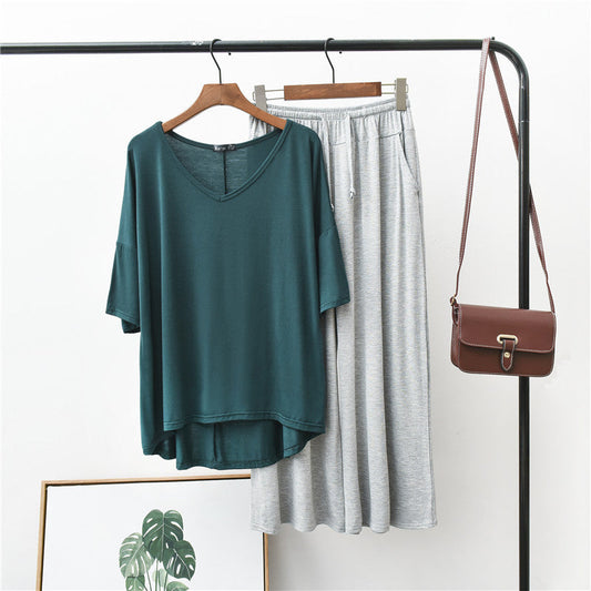 Green V-Neck With Grey Plazo Night Suit For Her