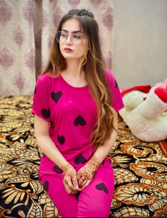 Shocking Pink With Hearts Half Sleeves Printed Night Suit For Her