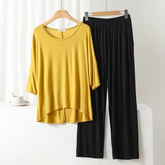 Yellow Round Neck Loose Sleeves With black plazo night suit For Her