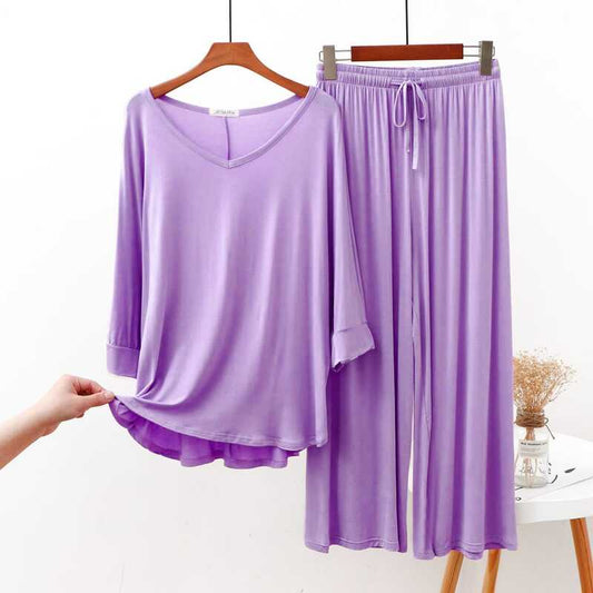 015 Light Purple V Neck T.shirt With Matching plazo night suit For Her