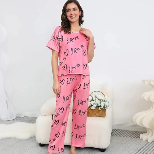 019 Pink Love Printed half  T-shirt with Trouser Suit