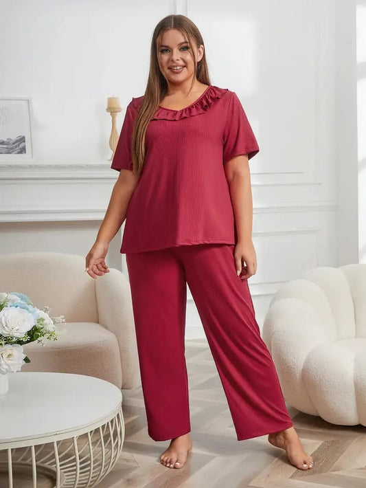 Maroon Neck Frill Style T-shirt with Plazo Trouser Suit