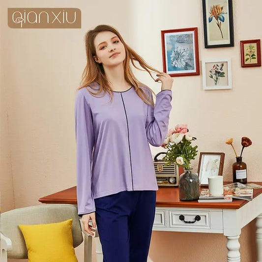 027 Purple Round Neck Front Lining T-shirt with Navy Blue Plazo Trouser Suit